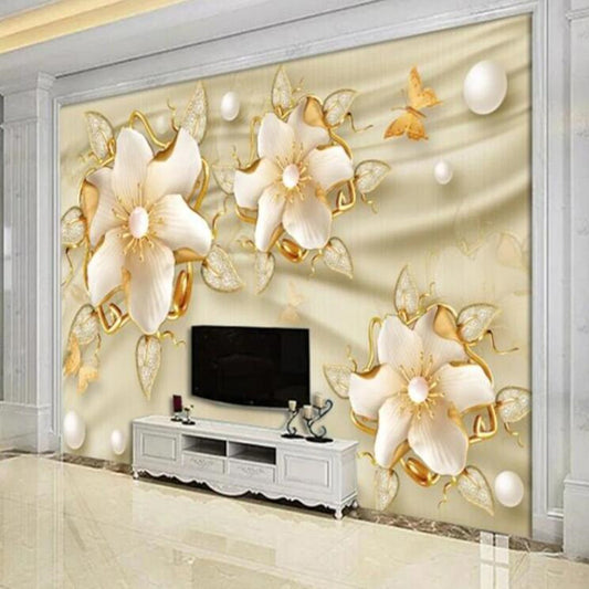 3D Jewelry Embossed Gold Flowers Floral Wallpaper Wall Mural