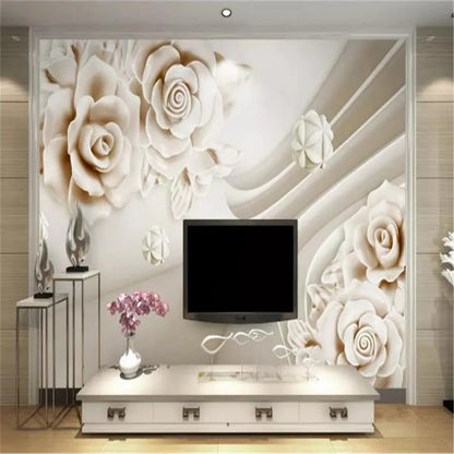 3D Flower Embossed Jade Carving Rose Wallpaper Wall Mural Home Decor