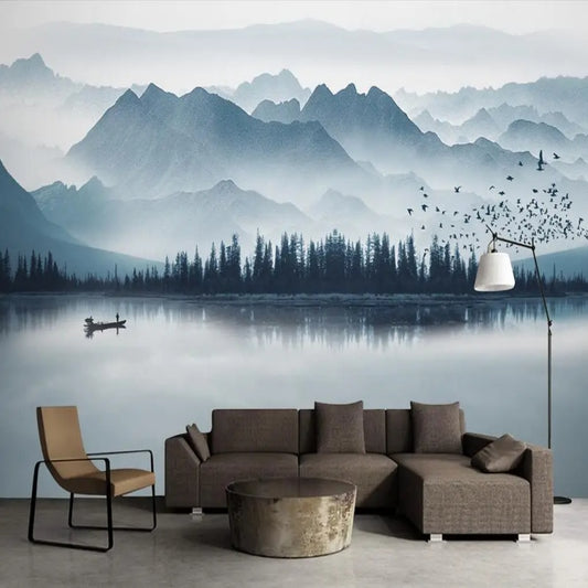 Ink Landscape Mountains Forest Lake Natue Wallpaper Wall Mural Home Decor