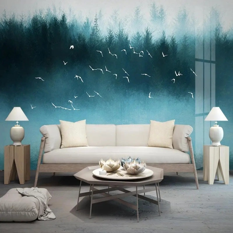 Nordic Fresh Forest Landscape with Flying Seagulls Wallpaper Wall Mural Home Decor