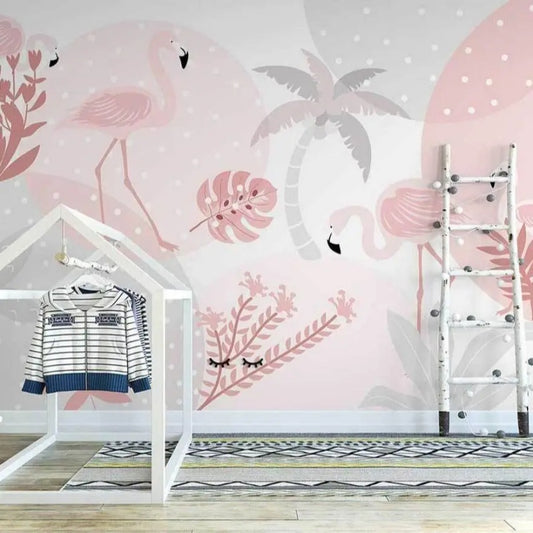 Cartoon Flamingo and Plants Children's Room Nursery Wallpaper Wall Mural Home Decor
