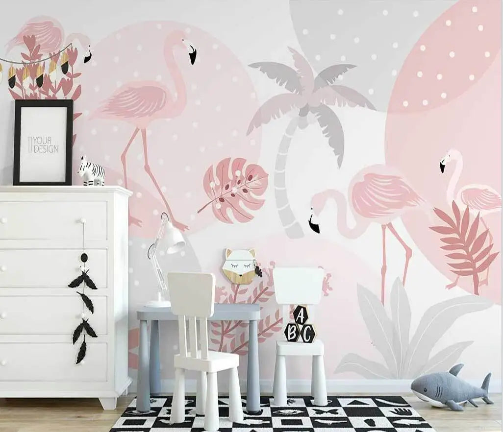 Cartoon Flamingo and Plants Children's Room Nursery Wallpaper Wall Mural Home Decor