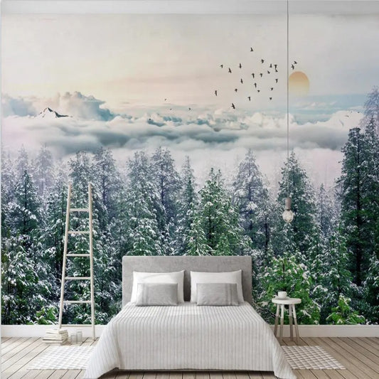 Snow Winter Pine Tree Forest Landscape with Flying Birds Wallpaper Wall Mural Home Decor