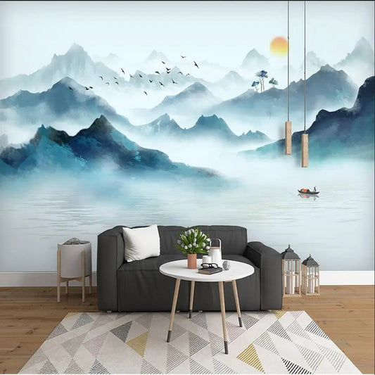Ink Landscape Mountains Forest Lake with Birds Natue Wallpaper Wall Mural Home Decor