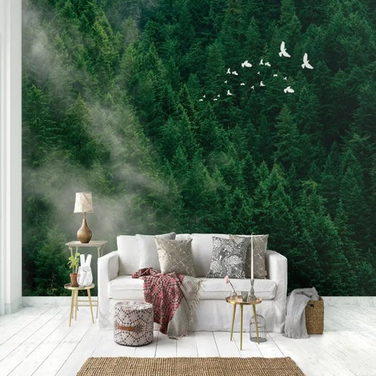 Green Pine Tree Forest Landscape with Flying Seagulls Wallpaper Wall Mural Home Decor