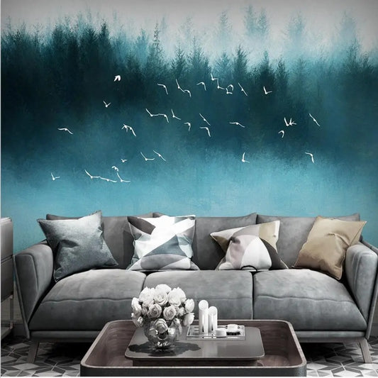 Nordic Fresh Forest Landscape with Flying Seagulls Wallpaper Wall Mural Home Decor