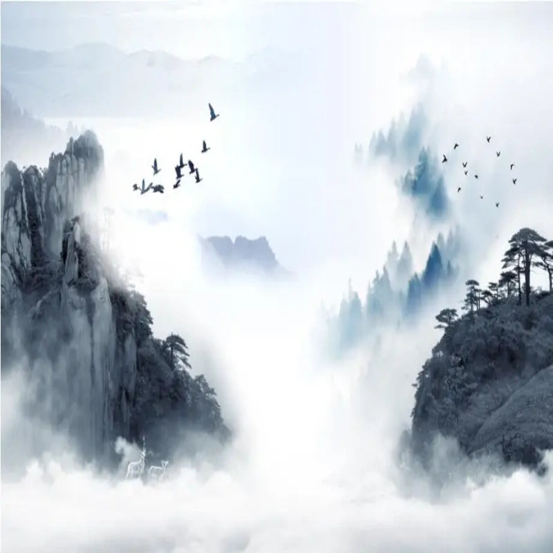 Ink Landscape Mountains Forest Lake with Birds Natue Wallpaper Wall Mural Home Decor