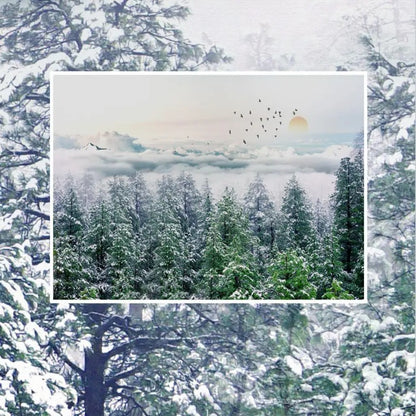 Snow Winter Pine Tree Forest Landscape with Flying Birds Wallpaper Wall Mural Home Decor