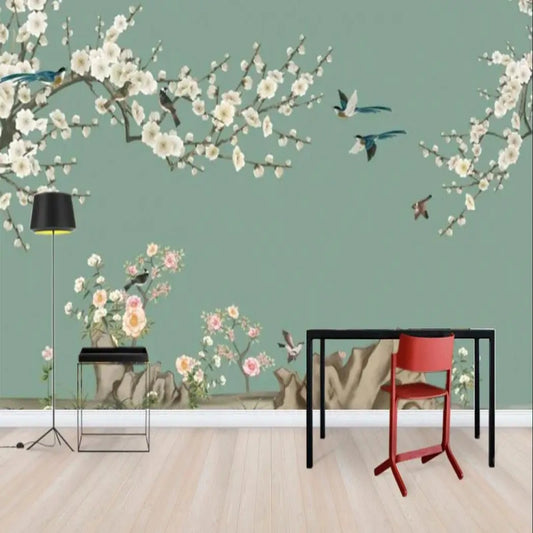 Chinoiserie Green Magnolia Flower with Flying Birds Wallpaper Wall Mural Home Decor