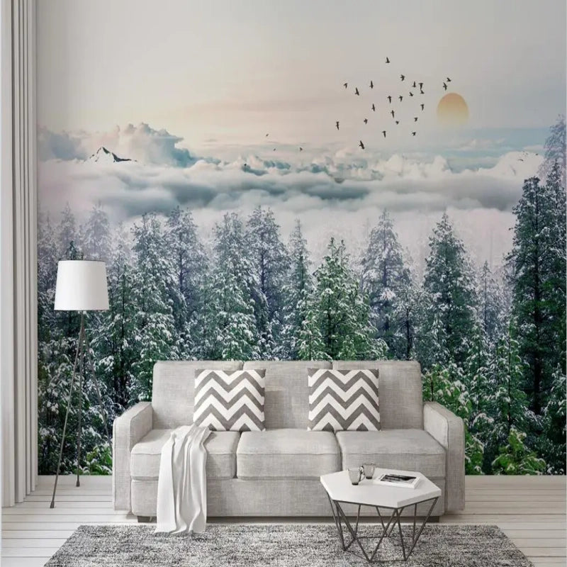 Snow Winter Pine Tree Forest Landscape with Flying Birds Wallpaper Wall Mural Home Decor