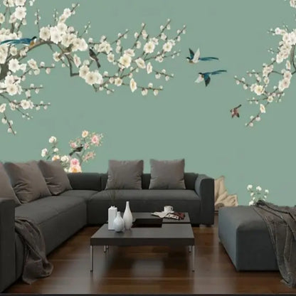 Chinoiserie Green Magnolia Flower with Flying Birds Wallpaper Wall Mural Home Decor
