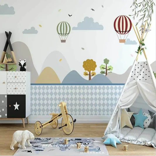 Cartoon Hot Air Balloon Mountains Nursery Wallpaper Wall Mural Home Decor