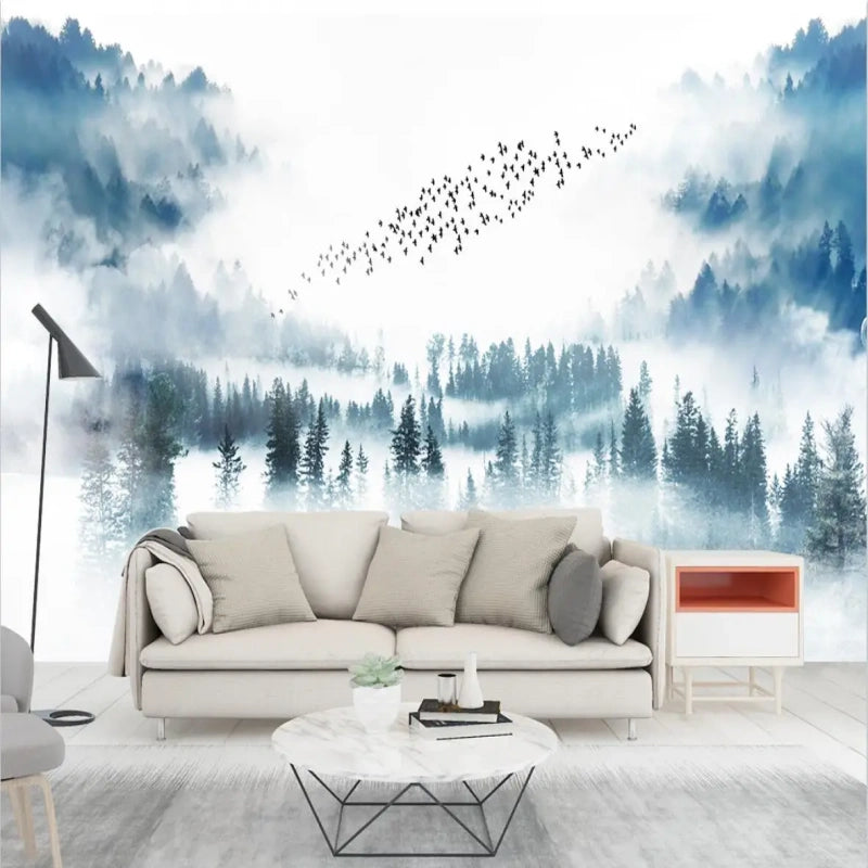 Ink Blue Pine Tree Forest Landscape with Flying Birds Wallpaper Wall Mural Home Decor