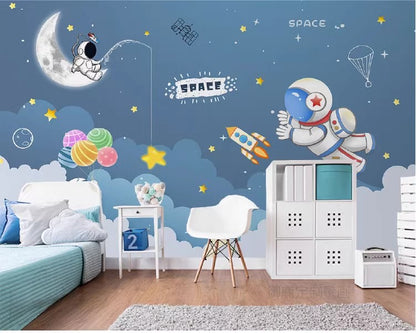 Cartoon Space Astronauts Stars and Moon Nursery Wallpaper Wall Mural