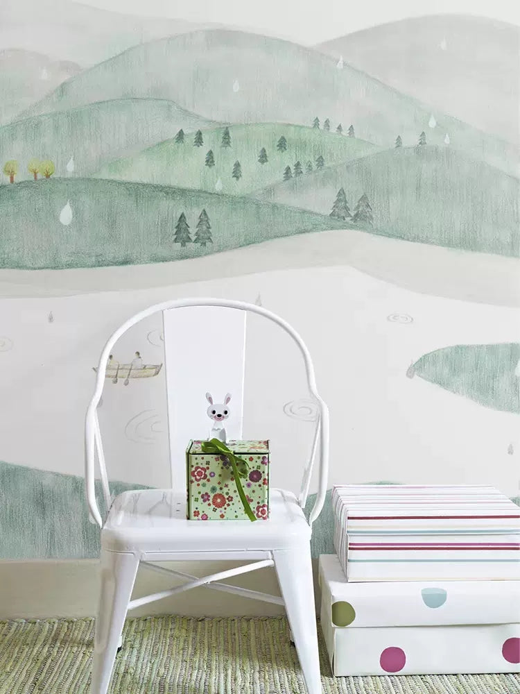 Cartoon Mint Green Mountains Pine Trees Forest Water Landscape Nursery Wallpaper Wall Mural