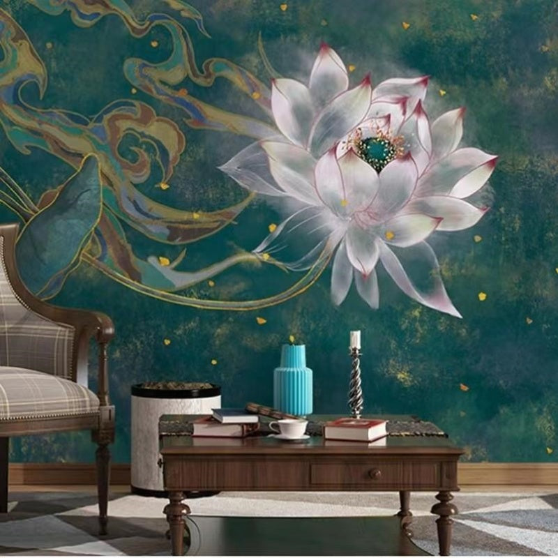 Green Background White Lotus Wallpaper Wall Mural Home Decor