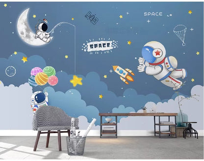 Cartoon Space Astronauts Stars and Moon Nursery Wallpaper Wall Mural