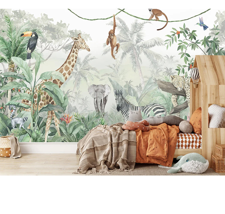 Cartoon Forest Jungle Animals Nursery Wallpaper Wall Mural