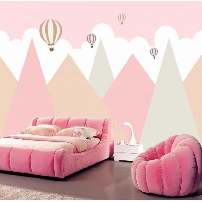 Cartoon Pink Triangle Mountains and Hot-air Balloons Kids' Babies' Children's Room Nursery Wallpaper Wall Mural Home Decor