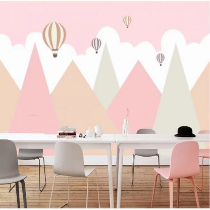 Cartoon Pink Triangle Mountains and Hot-air Balloons Kids' Babies' Children's Room Nursery Wallpaper Wall Mural Home Decor