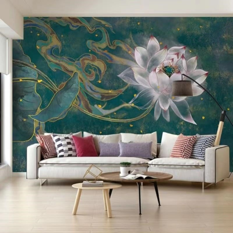 Green Background White Lotus Wallpaper Wall Mural Home Decor