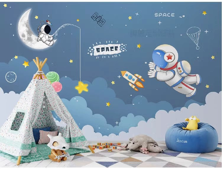 Cartoon Space Astronauts Stars and Moon Nursery Wallpaper Wall Mural