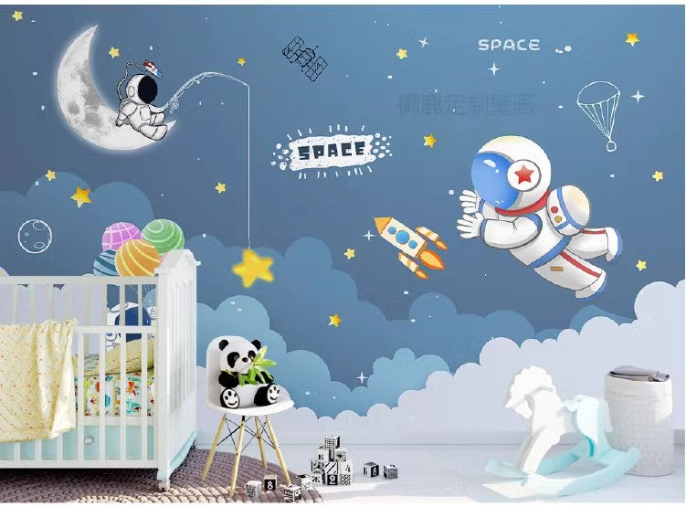 Cartoon Space Astronauts Stars and Moon Nursery Wallpaper Wall Mural