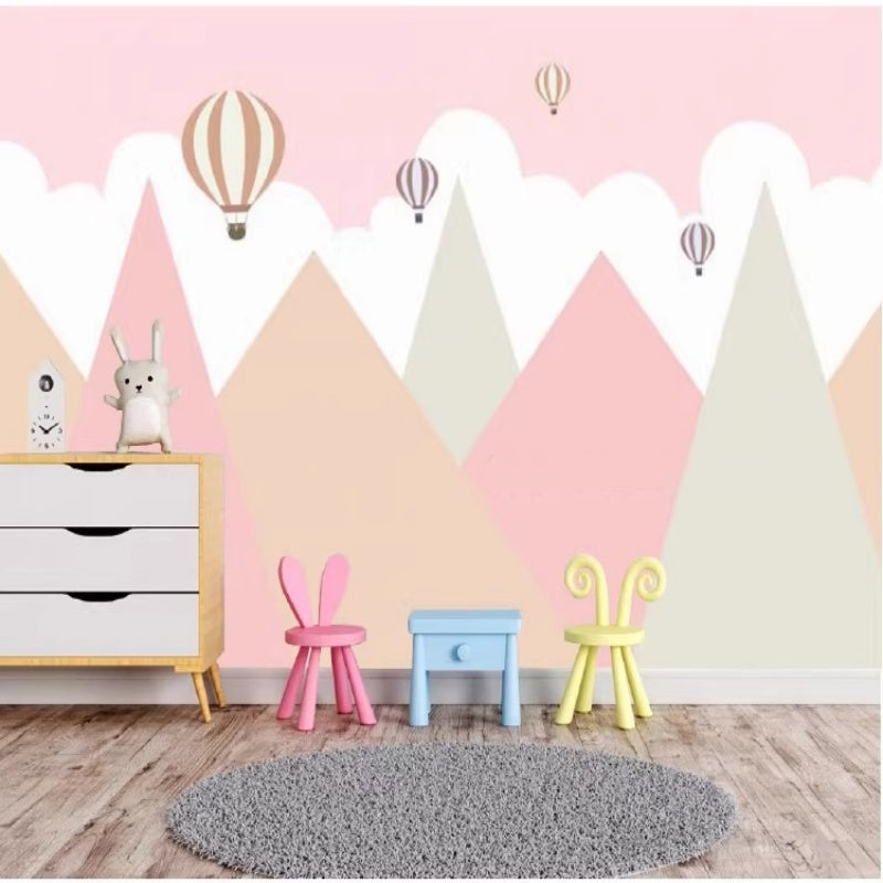 Cartoon Pink Triangle Mountains and Hot-air Balloons Kids' Babies' Children's Room Nursery Wallpaper Wall Mural Home Decor