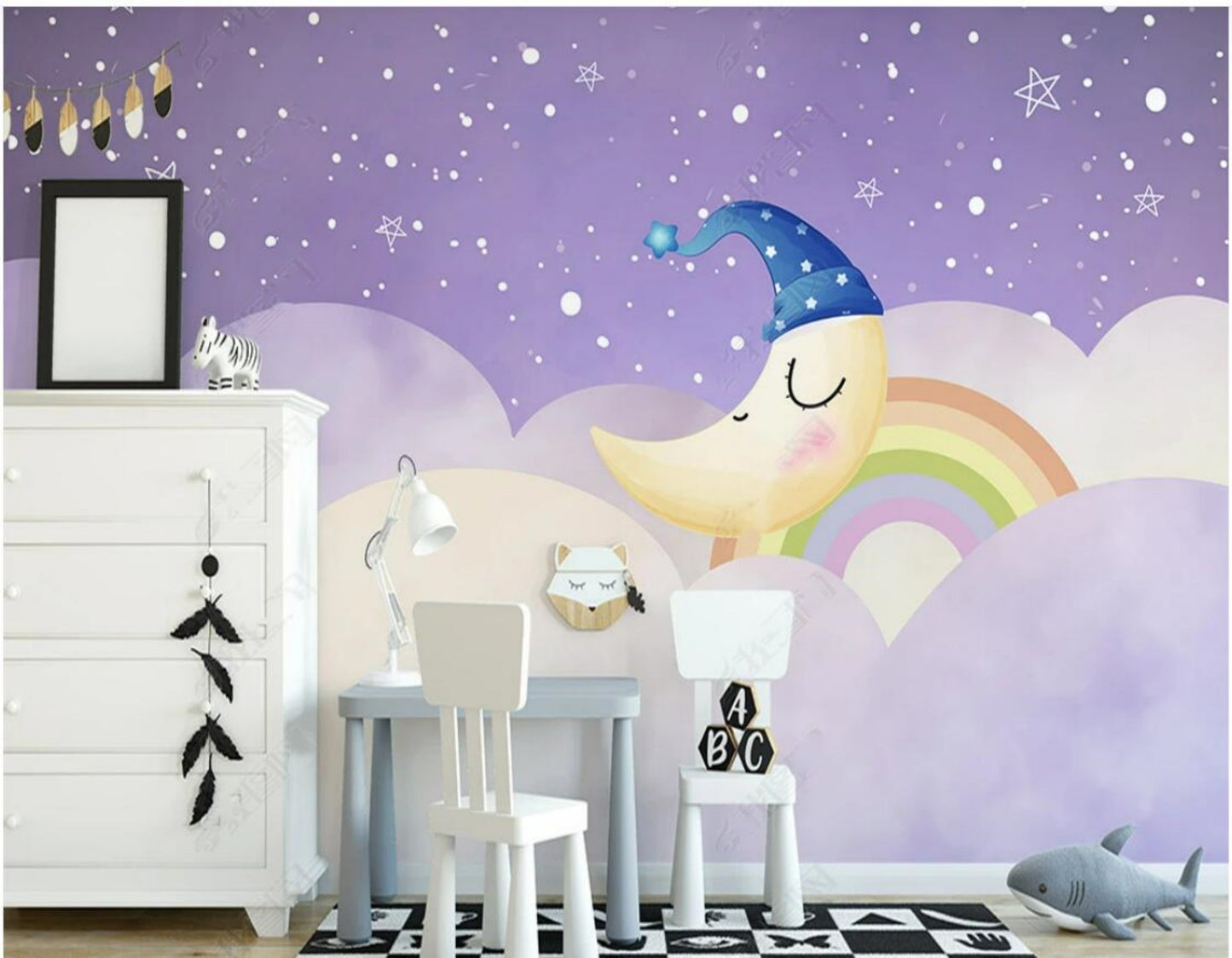 Cartoon Purple Background Clouds and Noon Nursery Nursery Wallpaper Wall Mural