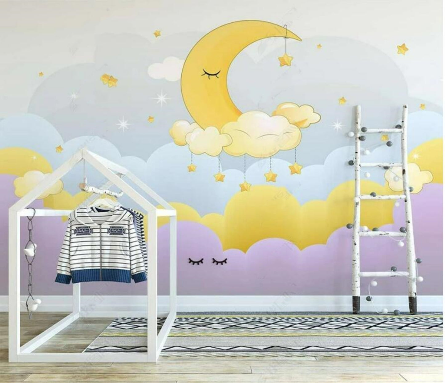Cartoon Clouds and Moon Nursery Wallpaper Wall Mural Home Decor