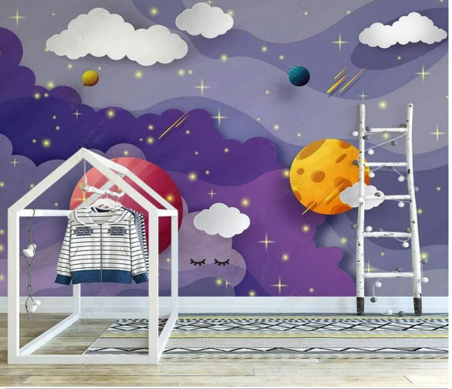 Cartoon Clouds and Plants Universe Space Nursery Wallpaper Wall Mural