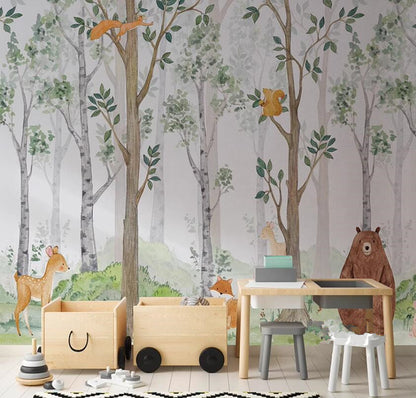 Cartoon Trees Forest Animals Nursery Wallpaper Wall Mural