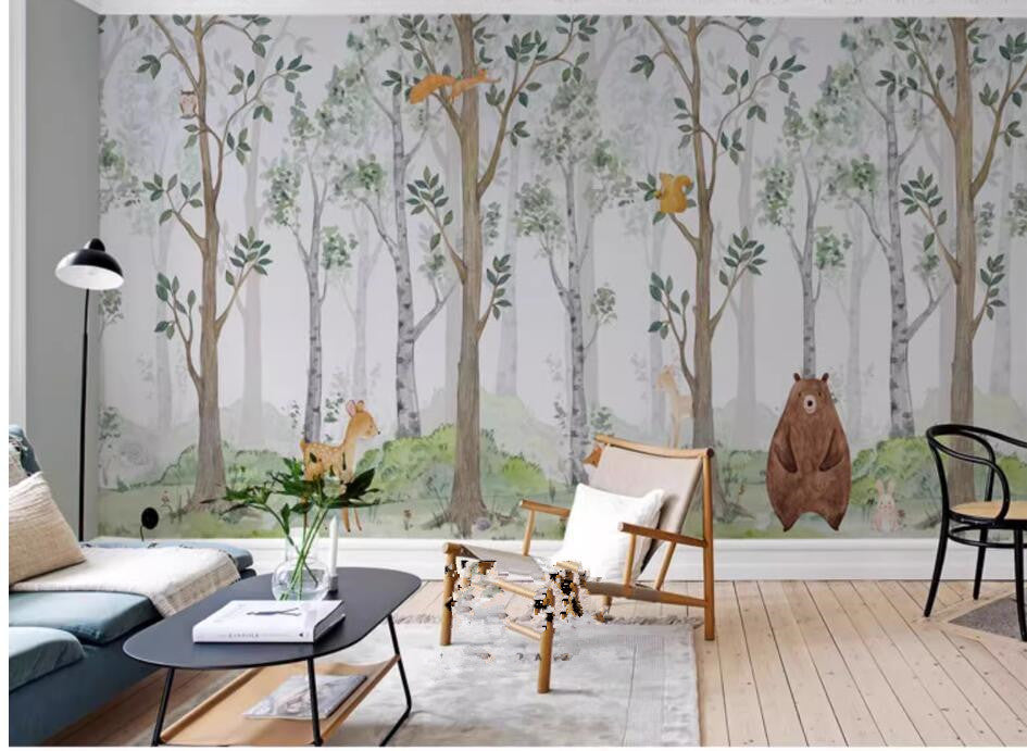 Cartoon Trees Forest Animals Nursery Wallpaper Wall Mural