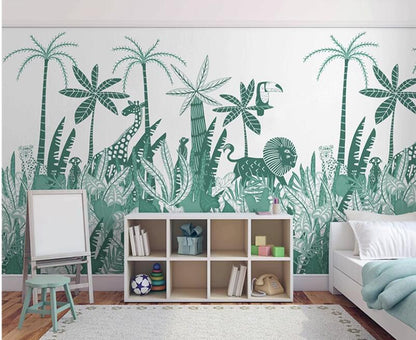 Cartoon French Style Forest Jungle Animals Nursery Wallpaper Wall Mural