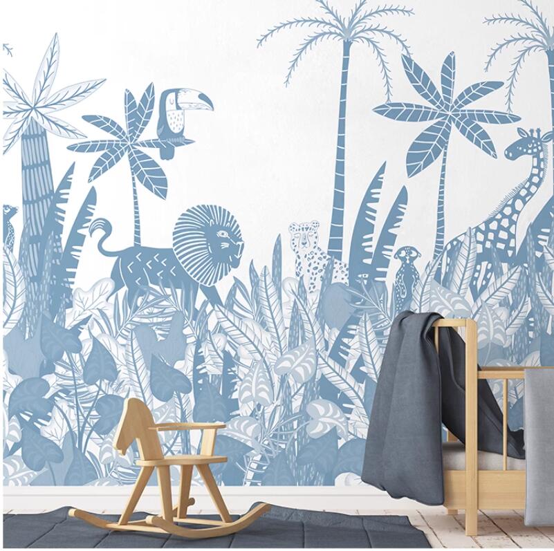Cartoon French Style Forest Jungle Animals Nursery Wallpaper Wall Mural