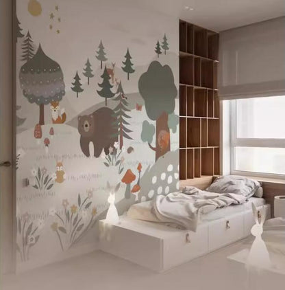 Cartoon French Style Forest Jungle Animals Nursery Wallpaper Wall Mural