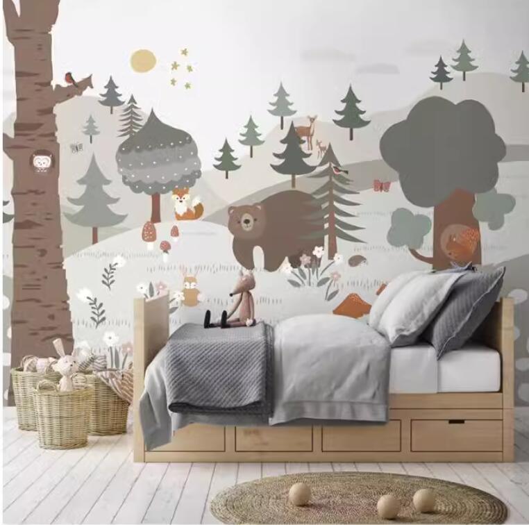 Cartoon French Style Forest Jungle Animals Nursery Wallpaper Wall Mural