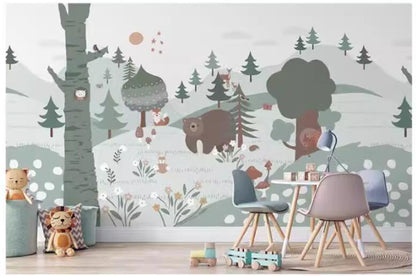 Cartoon French Style Forest Jungle Animals Nursery Wallpaper Wall Mural