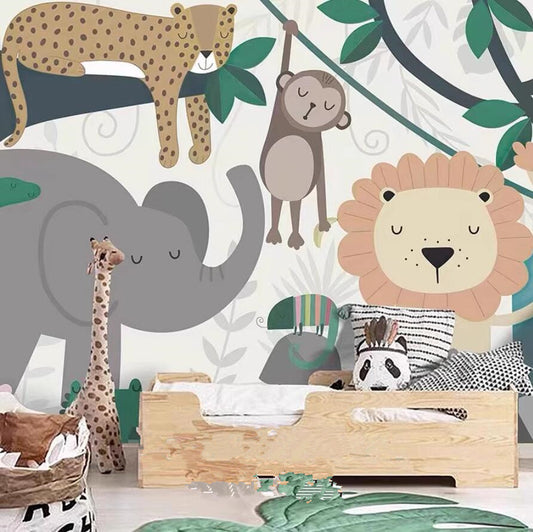 Cartoon Trees Animals Lion Elephant Nursery Wallpaper Wall Mural