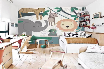 Cartoon Trees Animals Lion Elephant Nursery Wallpaper Wall Mural