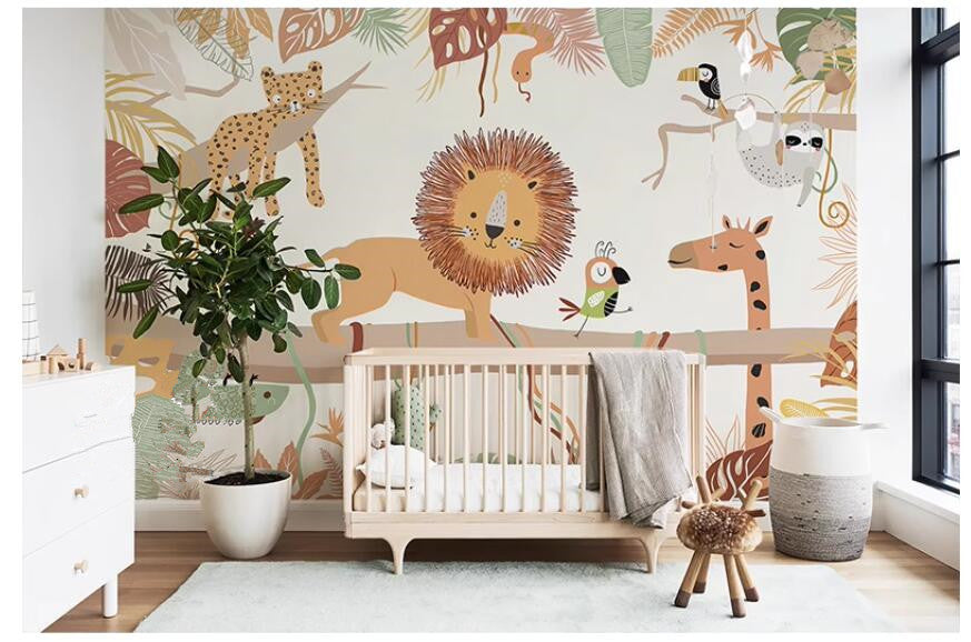 Cartoon Trees Animals Lion Nursery Wallpaper Wall Mural