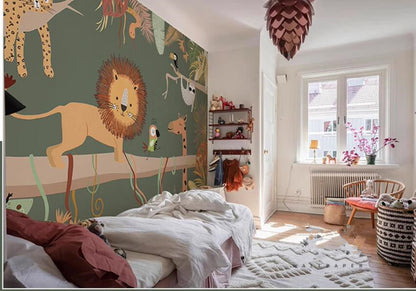 Cartoon Trees Animals Lion Nursery Wallpaper Wall Mural