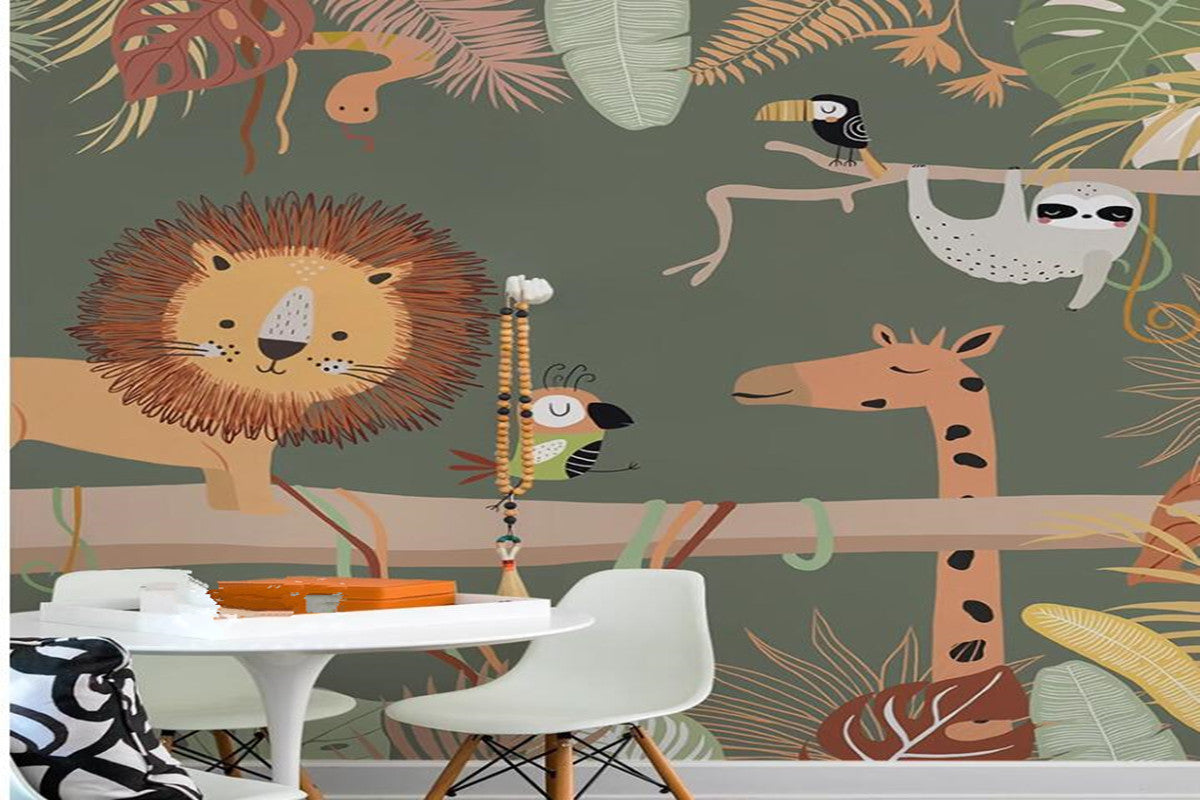 Cartoon Trees Animals Lion Nursery Wallpaper Wall Mural