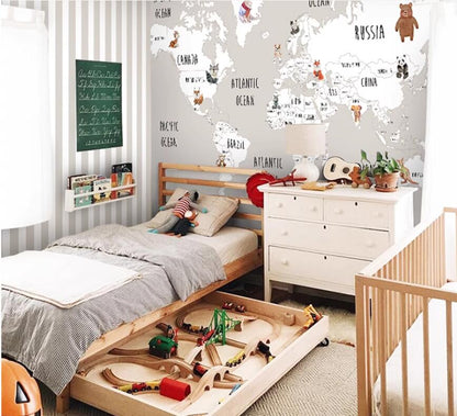 Cartoon World Map Animals Nursery Wallpaper Wall Mural