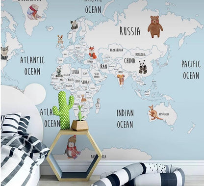 Cartoon World Map Animals Nursery Wallpaper Wall Mural