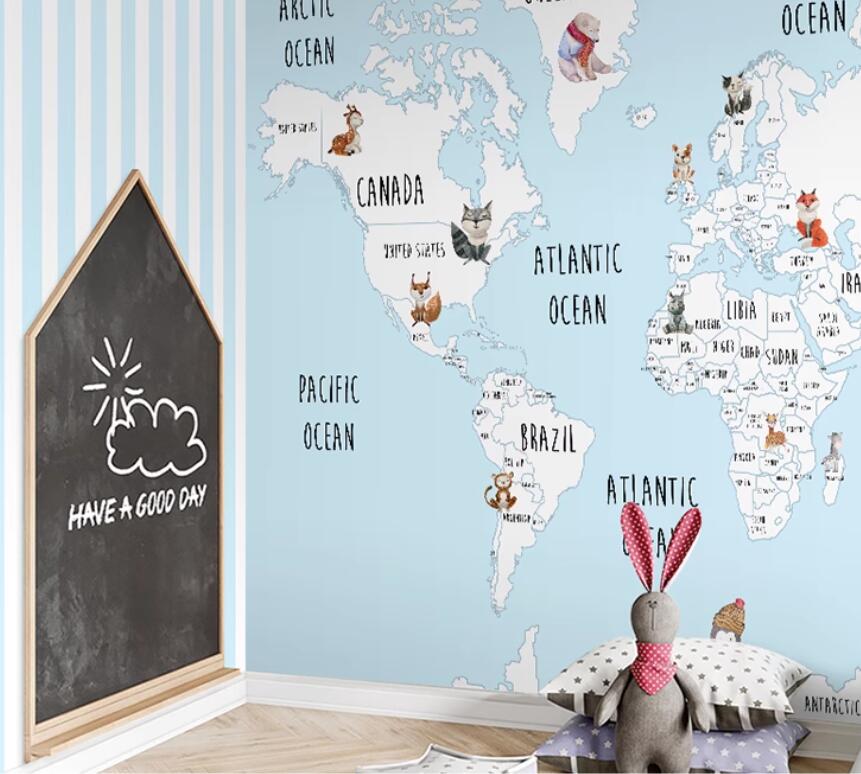 Cartoon World Map Animals Nursery Wallpaper Wall Mural