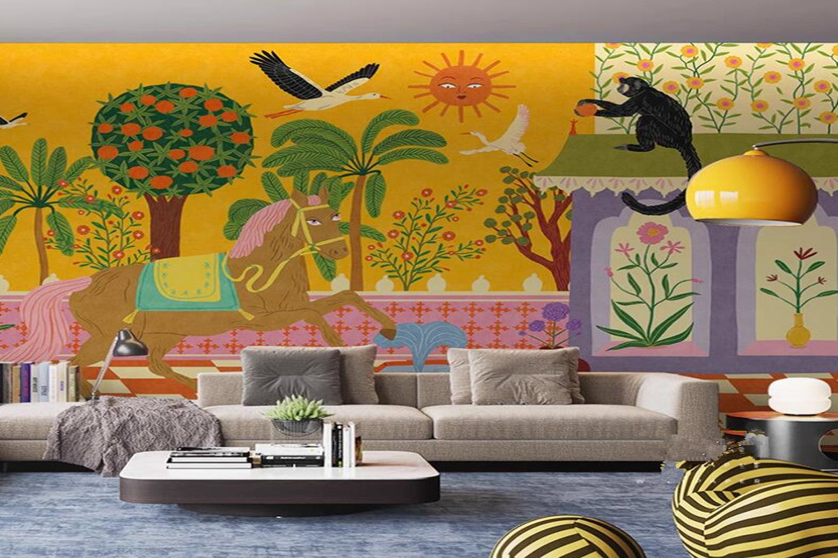 Cartoon Garden Horse Cranes Monkey Trees House Nursery Wallpaper Wall Mural