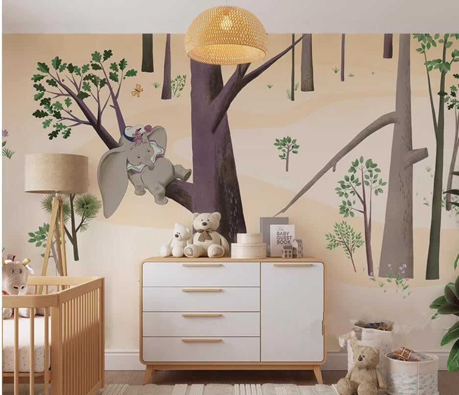 Cartoon Trees Forest Elephant Nursery Wallpaper Wall Mural