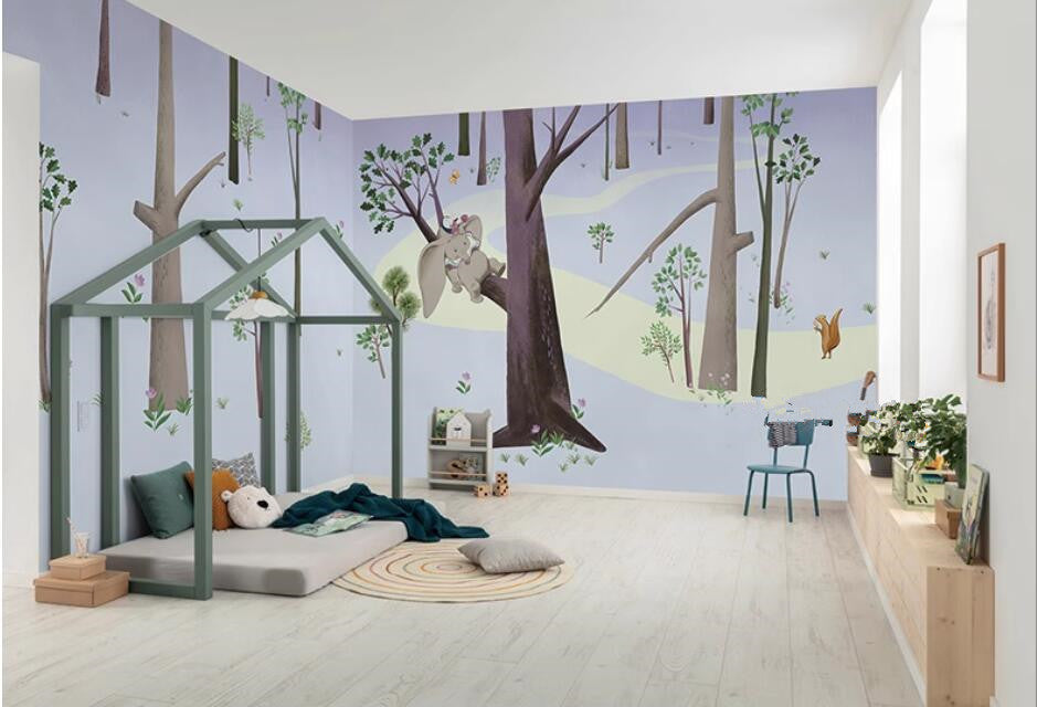 Cartoon Trees Forest Elephant Nursery Wallpaper Wall Mural