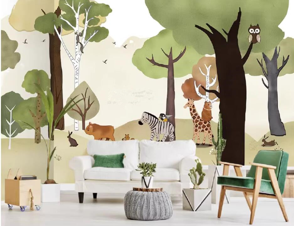 Cartoon Trees Forest Animals Nursery Wallpaper Wall Mural